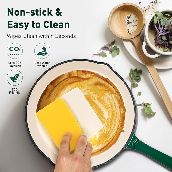 DishDelight Enameled Cast Iron Cookware Set, 7 Piece Set of Dutch Ovens, Sauce Pan, Skillet, 3 Lids, Ceramic Coated Cast Iron Dutch Oven Set, Round Dutch Oven Pot for Sourdough Bread Baking, Green