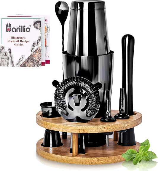 Barillio Black Mixology Bartender Kit with Stand - Cocktail Shaker Set with Bamboo Stand, Boston Drink Shaker, Mojito Muddler, and Drink Mixer Spoon - 9-Piece Bar Tools Set - Bar Accessories for Home