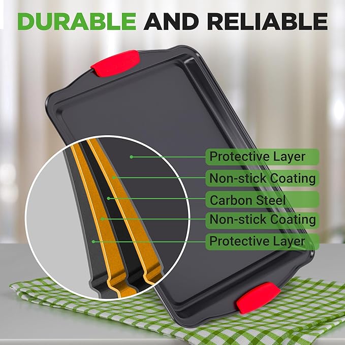 NutriChef 3-Piece Large Nonstick Cookie Sheets for Baking | Premium Food-Grade Carbon Steel, Non-Stick Tray Set with Silicone Handles, Oven Safe up to 446°F | Easy to Clean, 17.2 x 11.8 x 0.7 Inch