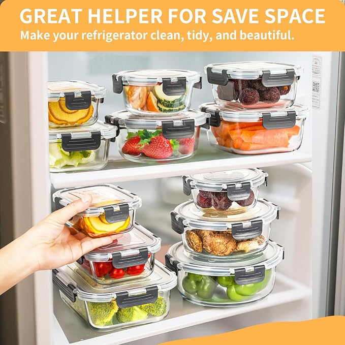 Skroam 15 Pack Glass Food Storage Containers with Lids Airtight, Glass Meal Prep Containers, Lunch Containers with Lids for Microwave, Oven, Freezer and Dishwasher Safe