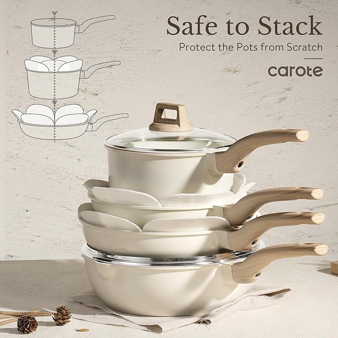 CAROTE ICE 35pcs Pots and Pans Set, Nonstick Cookware Sets, White Granite Induction Cookware with Kitchen Knife Set