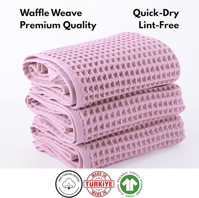 PÜSKÜL Organic Waffle Kitchen Towel 100% Turkish Cotton Set of 3 Pink - Premium Quality, Soft, Quick-Dry, Absorbent, Lint-Free Hand Towels 32X16 Inches (3, Pink Powder)