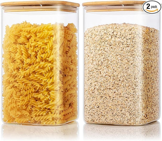Extra Large Square Glass Flour & Sugar Storage Containers with Airtight Lids, 168oz 2 Pack Glass Jars with Bamboo Lids, Air tight Pantry Food Storage Containers for Cereal, Pasta, Rice Organizers