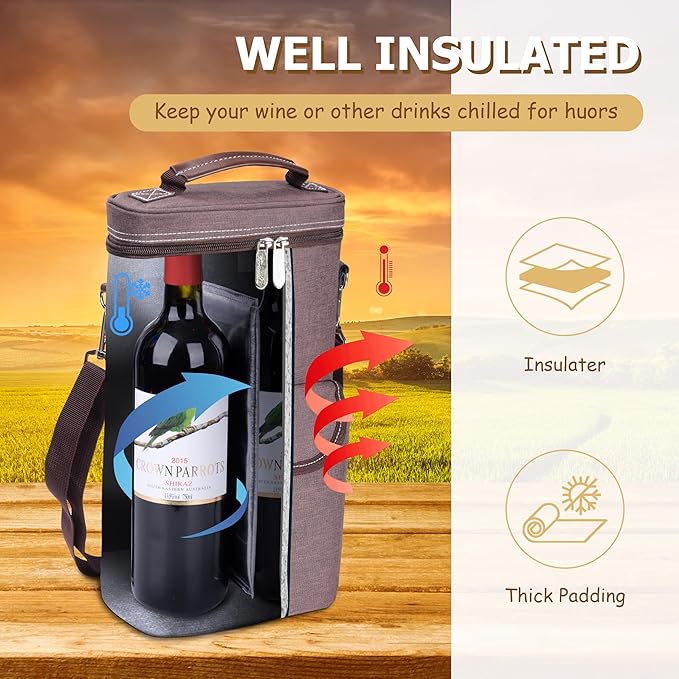 Tirrinia 2 Bottle Wine Gift Tote Carrier - Leakproof & Insulated with Large Pockets Wine Cooler Bag for Travel, Tasting, Party, Dinner, Valentine's Day Gift