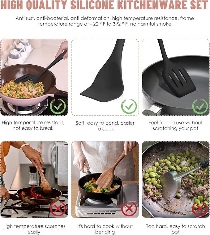 Kitchen Utensils Set-12 Pieces Silicone Cooking Utensils Set Dishwasher Safe 392°F Heat Resistant Spatula Set Nonstick Cookware