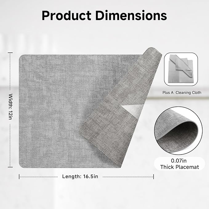 Faux Leather Vinyl Placemats Set of 6 Wipeable Heat Resistant Place Mats 100% Washable - Waterproof - Anti Slip Reversible Table Mats for Kitchen/Dining/Party, 12" x 16.5", Smokey Grey & Dark Grey