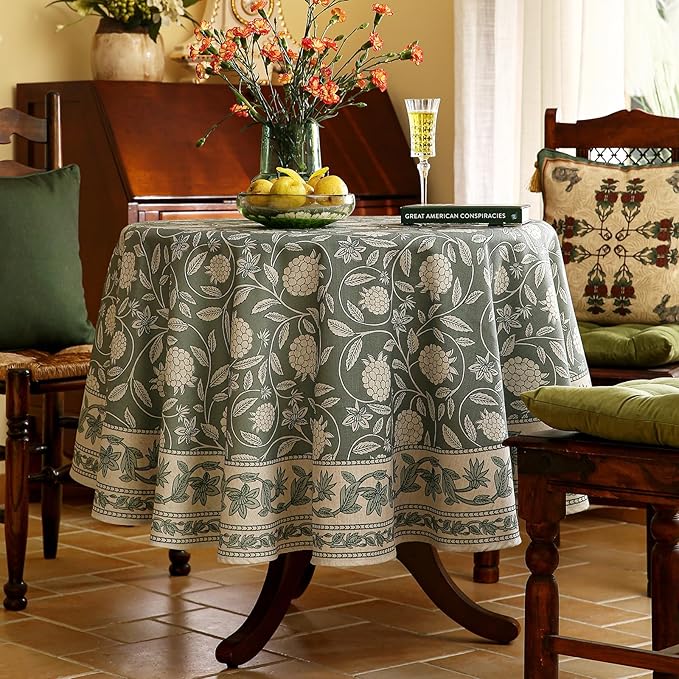 Grayish Green Tablecloth for Round Tables,Linen Table Cloth with Light White Flowers Pattern,Heavy Durable Table Cover for Dining Thanksgiving Kitchen Decor Party Christmas,Diameter 55"