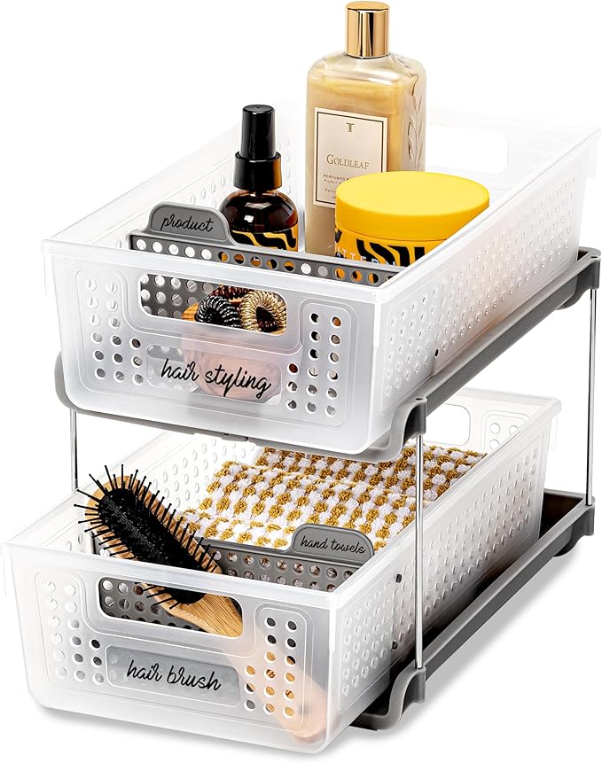 madesmart 2-Tier Organizer, Multi-Purpose Slide-Out Storage with Handles and Dividers for Home and Bath, BPA Free, Frost