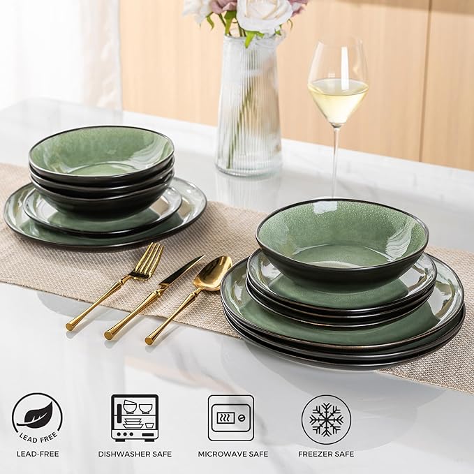 AmorArc Ceramic Dinnerware Sets,Handmade Reactive Glaze Stoneware Plates and Bowls Set,Highly Chip and Crack Resistant | Dishwasher & Microwave Safe Dishes Set,Service for 4 (12pc)