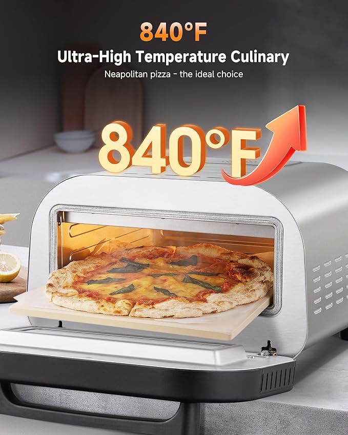 Upgraded indoor Pizza Oven 12 Inch Electric Countertop Pizza Oven with 6 Mode Heats up to 840°F Pizza Maker Pizza Cooker for Home Kitchen, Restaurants, Parties - Stainless Steel