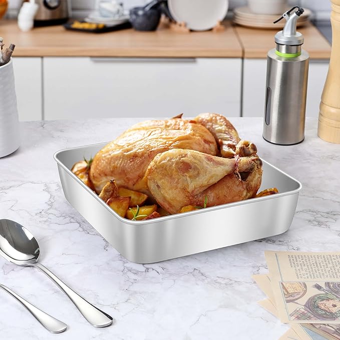 Herogo 8 x 8 Baking Pan Set of 2 for Oven, Stainless Steel Square Cake Pan for Lasagna Brownies Casseroles Cakes, Dishwasher Safe & Durable