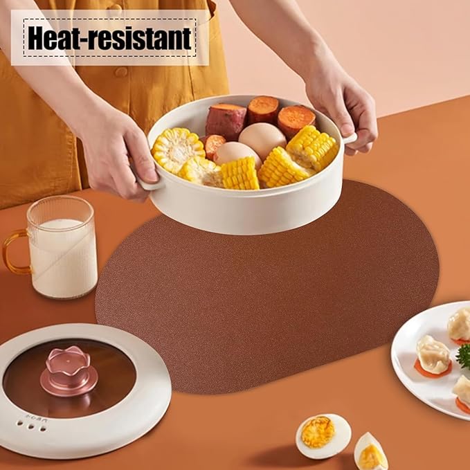 Waterproof Placemats Set of 6 Oval,Reversible Faux Leather Placemat Heat Resistant,Anti Slip Washable Table Placemats for Dining Table,Modern Table Protectors(Brown and Grey)