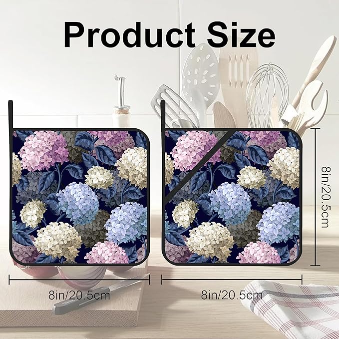 Hydrangeas in Wild Pot Holders Set of 2 Heat Resistant & Non Slip Potholders, Oven Hot Pads for Kitchen Cooking Baking Barbecue