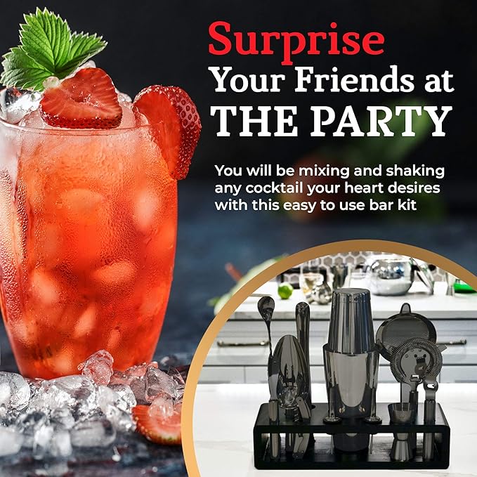 Highball & Chaser 13-Piece Gunmetal Black Stainless Steel Boston Cocktail Shaker Bar Tool Set with Mixology Bartender Kit Accessories