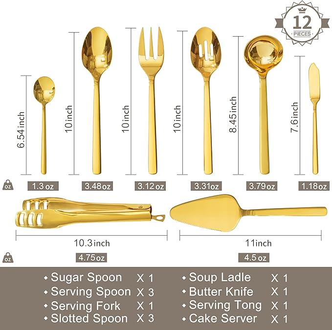 KINGSTONE Large Hostess Gold Serving Utensils Set, 18/10 Stainless Steel -10 inch Serving Spoons, Slotted Spoons, Forks, Tongs, Cake Pie Server, Butter Knife, Sugar spoon for Buffet, Wedding, Party