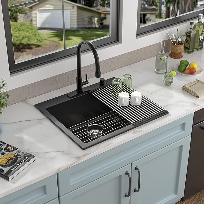 25"x22" Granite Composite Kitchen Sink – Matte Black Drop In Topmount Granite Quartz Classic Above Counter Single Bowl Sink Basin