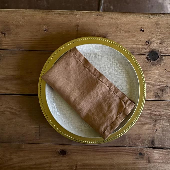 Hemstitched Linen Napkins – 20 Inch x 20 Inch – Stonewashed Pure Linen Cloth Dinner Napkins with Mitered Corners - 100% French Flax – Machine Washable - Set of 4 (Caramel)