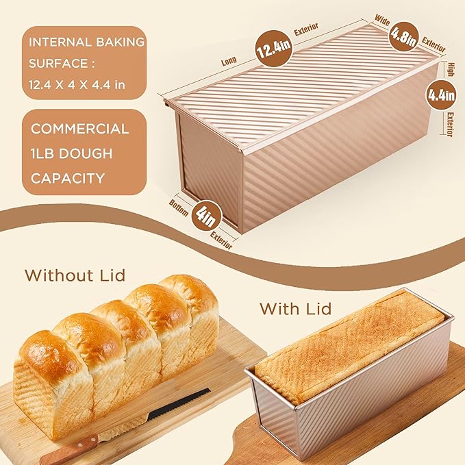 KITESSENSU Pullman Loaf Pan with Lid, 2Lb Dough Capacity Non-Stick Bakeware for Baking Bread, Sandwich & Toast Oven Baking, Gold