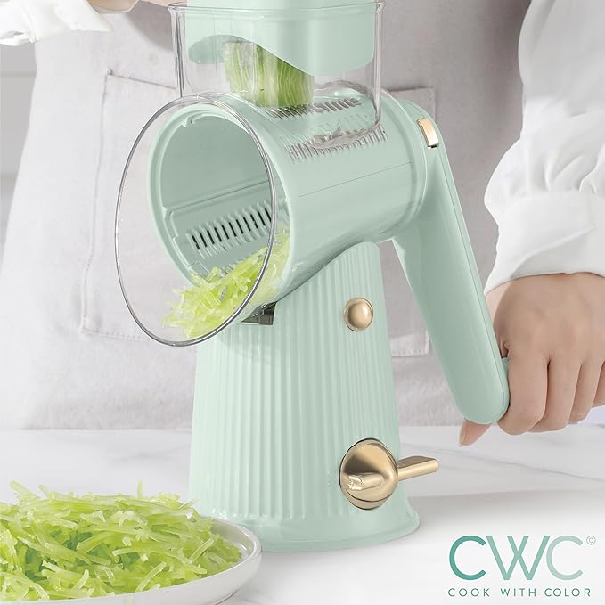 COOK WITH COLOR Rotary Cheese Grater with Handle - Counter Cheese Grater Suction Base with Hand Crank - 5 Blade Cheese Shredder - Easy to Use Manual Vegetable Chopper and Mandolin