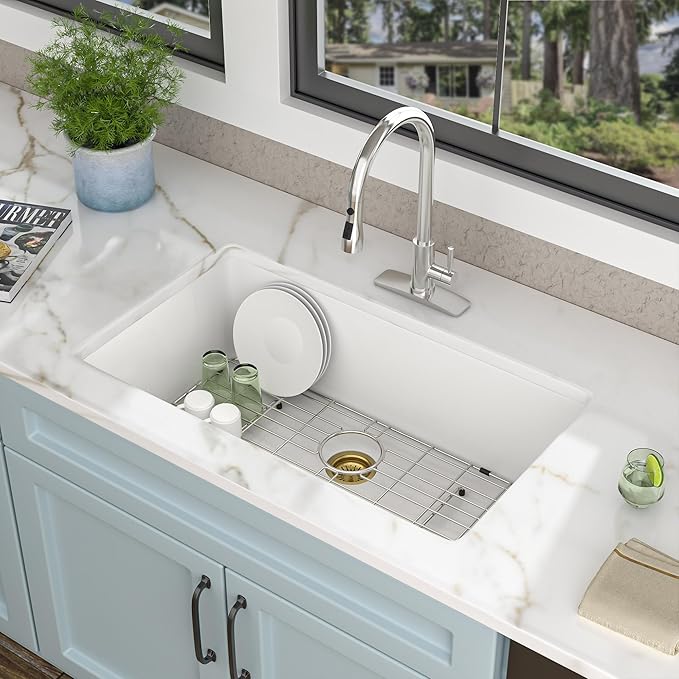 31 Granite Composite Kitchen Sink - Fulorni 31"×18" Granite Kitchen Sink White Undermount Quartz Classic Under Counter Single Bowl Sink Basin