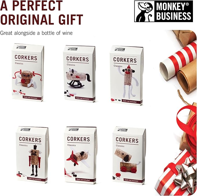 Corkers Classic Wine Accessories by Monkey Business, Collectible Novelty Gift, Pack of 6 Different Figurine Crafting Parts for Corks