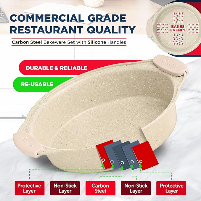 BAKKEN Kitchen Oven Baking Pans - Nonstick Gray Coating, Carbon Steel Bakeware Set with White Silicone Handles, Commercial Restaurant Quality Pans, PFOA, PFOS, PTFE Free, Oven Safe (450° F), Set of 10