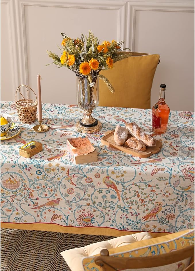 patdrea Designer Yellow French Spring Summer Tablecloth,Rustic Linen Floral Birds Pattern Table Cloth for Rectangle Tables,Decor Table Cover for Kitchen Dining Holiday Banquet,Christmas,55"*79"
