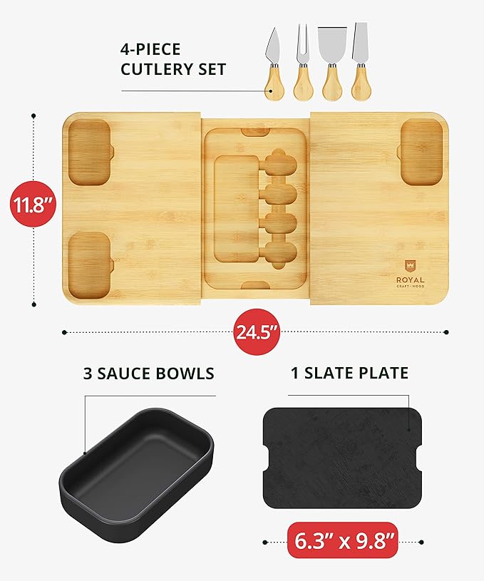 ROYAL CRAFT WOOD Extra Large Bamboo Charcuterie Boards - Large Charcuterie Board Set w/ 3 Sauce Bowls, 4 Knives & Slate Plate - Unique Cheese Board & Serving Tray - Ideal Housewarming Gift