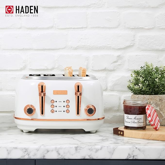 Haden Heritage 4 Slice Wide Slot Stainless Steel Toaster with Adjustable Browning Control & Non-Slip Feet, Ivory & Copper