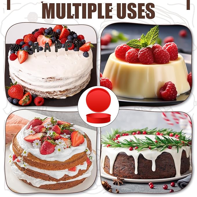 2 Pcs Silicone Cake Pan Round Baking Cake Molds Non-stick Quick Release Suitable for Cheesecake Puddings Party Favors(Red,8 Inches)