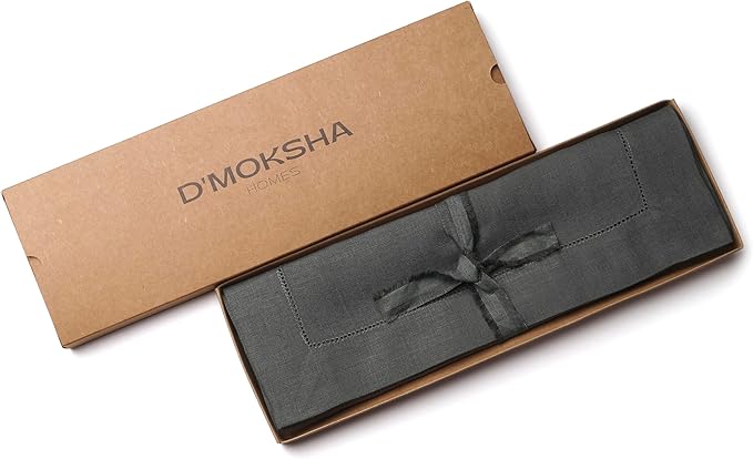 D'Moksha Homes Linen Placemats Set of 4 - Classic Hemstitch Charcoal Grey Placemats 14 x 19 Inch - 100% Pure Linen Table Mats for Thanksgiving, Holiday - Handcrafted and Machine Washable