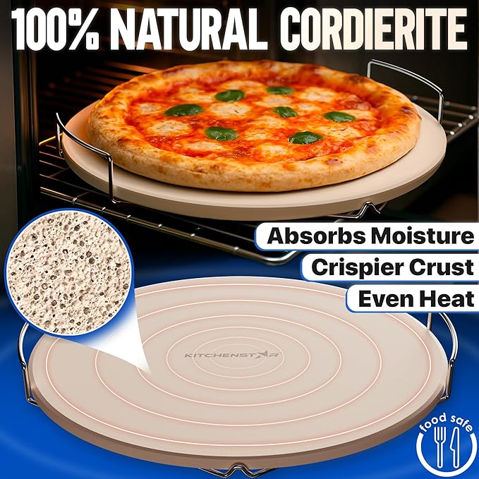 KitchenStar 16-inch Pizza Stone for Oven and BBQ Grill with Handles, Round, 5/8" Thick - Natural Cordierite, 1800 °F Resistant, Baking Stone Set with Stainless Steel Rack & Plastic Scraper Tool