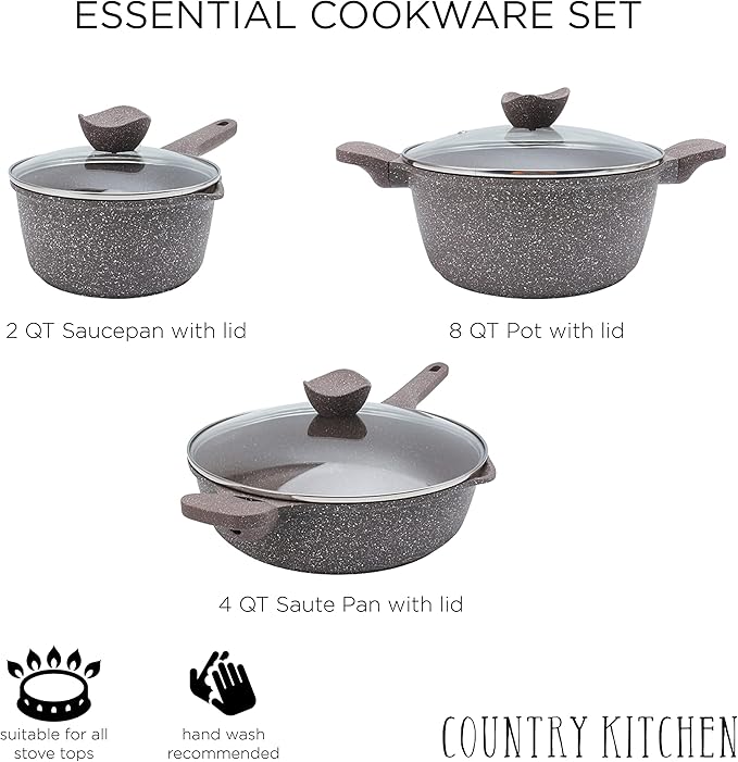 Country Kitchen Non-Stick Cast Aluminum Cookware Set - Durable Kitchen Cookware for Everyday Cooking, Chocolate Brown, 6 Pc.