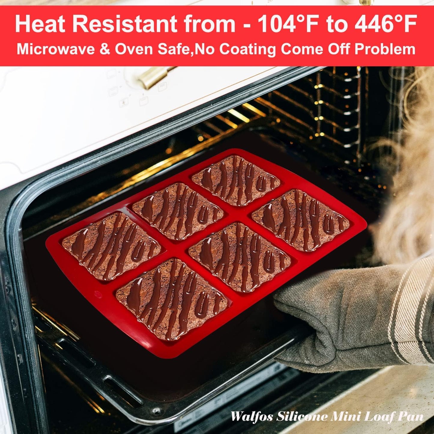 Walfos Mini Silicone Brownie Pan - 2 Piece 6-Cavity Non-stick Square Baking Pan, Perfect for Mini Brownies, Cornbread, Muffin and Cakes, BPA Free and Dishwasher Safe