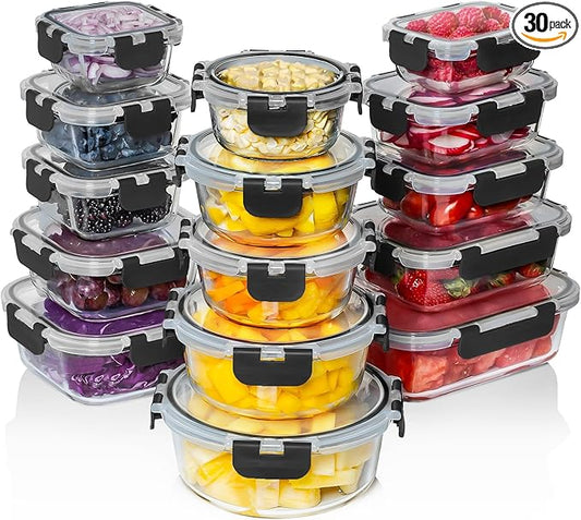 Razab 30 PC Glass Food Storage Containers with Lids - Reusable Glass Meal Prep Containers for Lunch and Leftovers - Airtight & Leakproof Snap Locking Lids - Oven, Freezer, Microwave, Dishwasher Safe