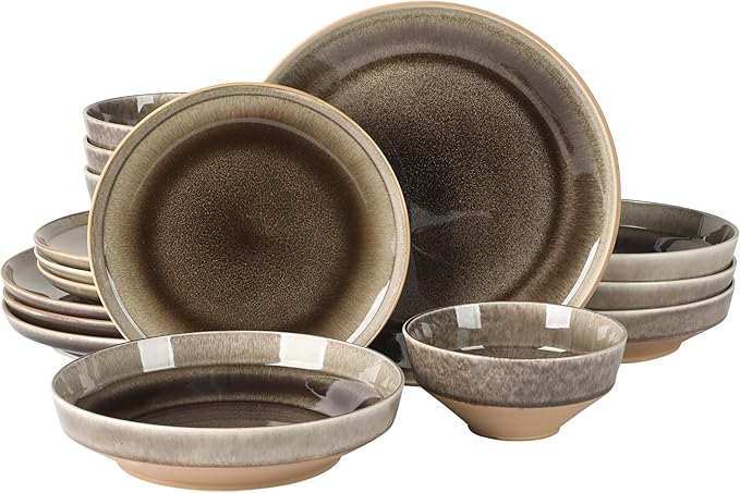 Gibson Elite Hailstone 16 Piece Stoneware Reactive Glaze (Service for 4) Ceramic Plates and Bowls Dinnerware Set - Black