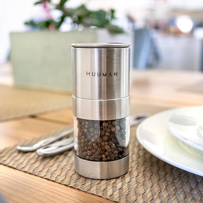 Huuman Salt or Pepper Grinder with Adjustable Coarseness Ceramic Burr, Stainless Steel Manual Salt or Pepper Grinder Perfect for Pink Himalayan Salt, Table Salt, Peppercorns, and Black or White Pepper