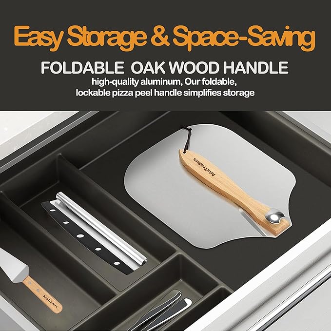 Aluminum Metal Pizza Peel 16 Inch, Extra Large Pizza Paddle (14"X 16") With 14’’ Pizza Cutter Rocker & 10” Pizza Server, Pizza Spatula Paddle With Foldable Wooden Handle For Easy Storage