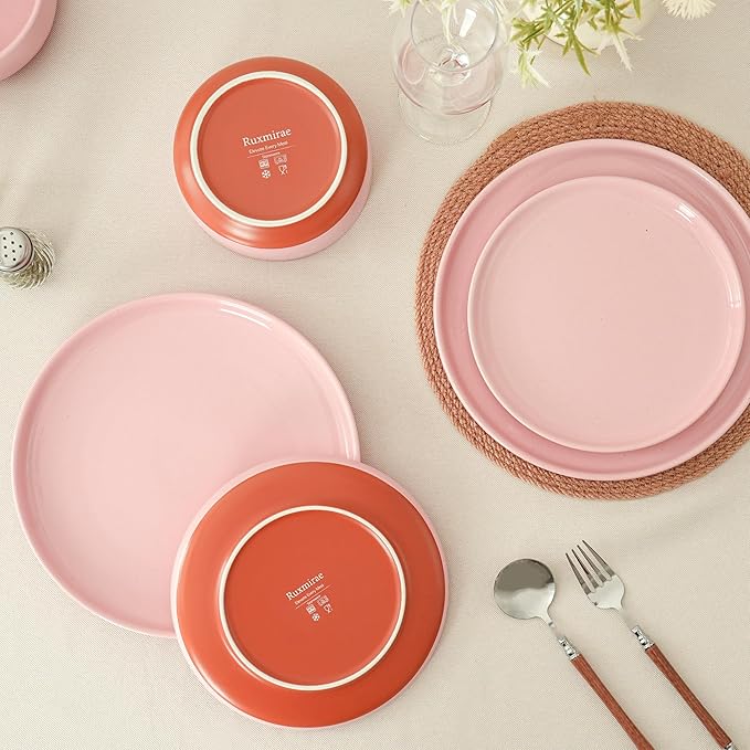 24 Piece Ceramic Dinnerware Set for 8, Modern Minimalist Stoneware Dinner Plates and Bowls, Microwave Safe, Dishwasher Safe, Versatile for All Seasons, Pink