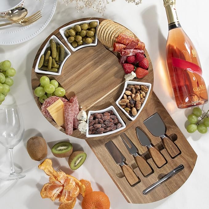 Acacia Cheese Board and Knife Set with Ceramic Bowls, Charcuterie Platter for Entertaining, Wedding & Christmas Gifts, Housewarming and Birthday Gift for Couples