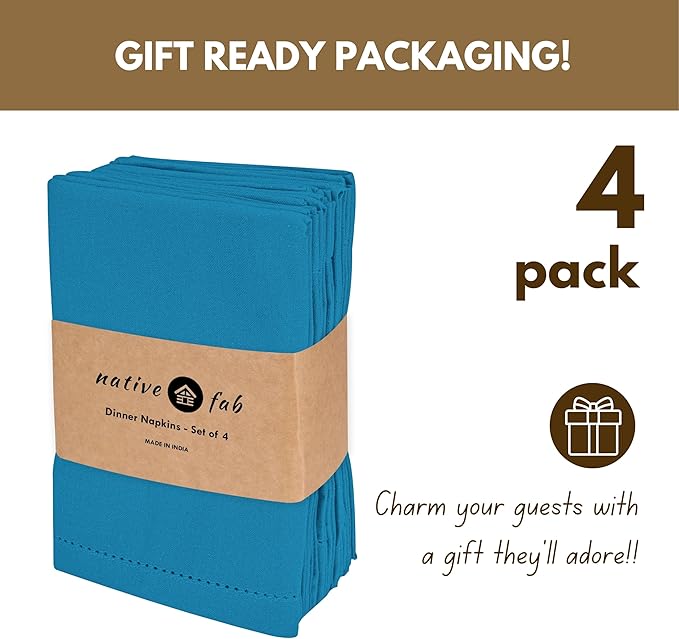 Native Fab Set of 4 Cotton Cloth Napkins, 18x18 inch, Hemstitch Mitered Corners, Soft, Absorbent, Durable Fabric, Reusable Linen Napkins for Wedding, Lunch, Dinner, and Everyday Use - Turquoise Blue