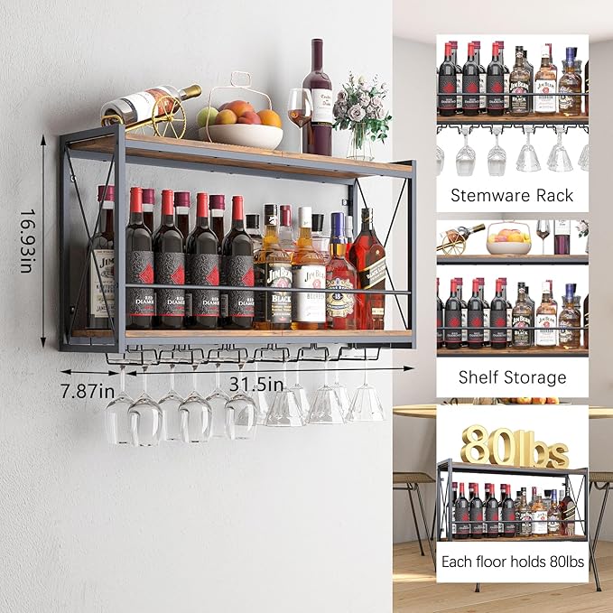 Dokser Wine Rack Wall Mounted Shelf - 2 Tier, Rustic Wood & Industrial Iron Frame Wine Bottle Holder for Kitchen, Dining Room, Home Bar Decor (Brown)