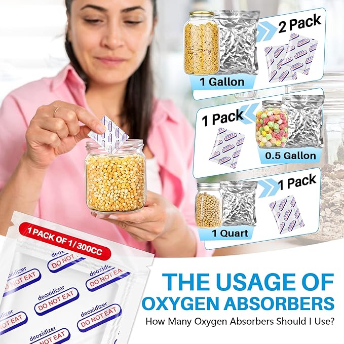 300 cc Oxygen Absorbers For Food Storage Individually Wrapped 100 Pack (1 Pack Of 1) O2 Absorbers Food Grade Oxygen Absorbers for Long Term Food Storage