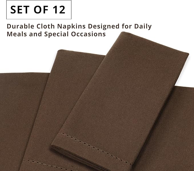 PurpleEssences Set of 12 Hemstitch Cloth Dinner Napkins 100% Cotton - Soft Durable Washable - Ideal for Wedding Christmas Holiday Winter - Perfect Everyday Use Table Linen 18x18 - Nut Brown