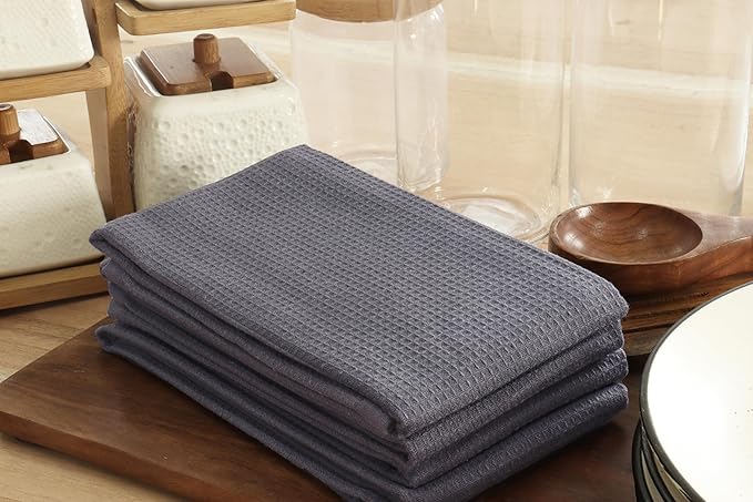PurpleEssences Waffle Weave Kitchen Towel, 100% Cotton 15x25 Inches, with Hanging Loop Soft Absorbent Quick Drying Dish Cloth, Tea and Hand Towels, 6 Pack - Christmas Holiday Winter - Dark Grey