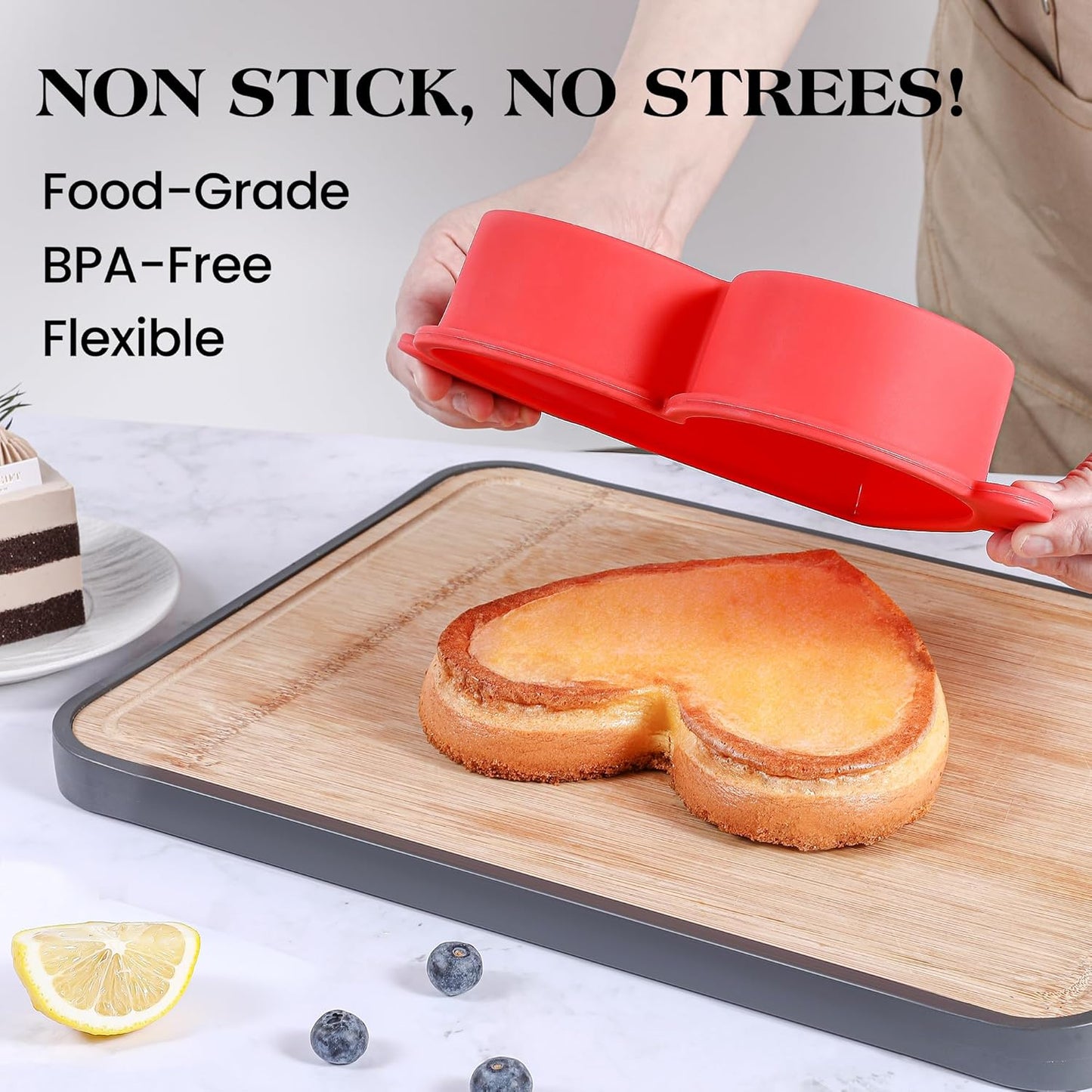 8 Inch Heart Shaped Cake Pans with Metal Reinforced Frame Silicone Heart Cake Pan Nonstick Silicone Molds for Baking Set of 2 (Red)