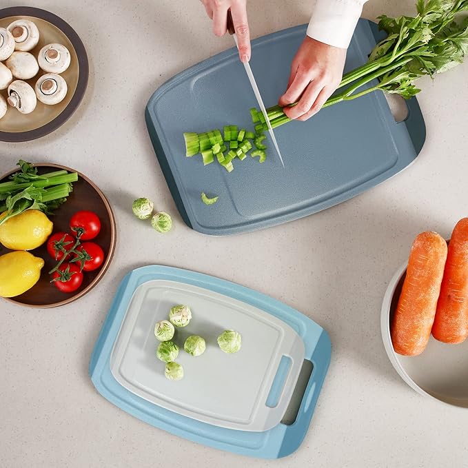 Neoflam Microban Antimicrobial Plastic Cutting Board 3 Sets, BPA Free, Non-Slip EZ Grip Handle, Dishwasher Safe, Reversible Use, Large Juice Grooves, Blue Gray