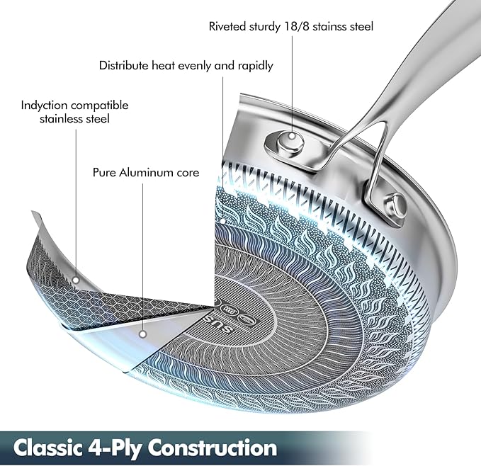AuFranc® Hybrid Nonstick Stainless Steel Pots and Pans Set, Induction Cookware Set with Tempered Glass Lids, Non-stick Pot and Pan Set Suitable for All Cooktops, Non-Toxic, Dishwasher & Oven Safe