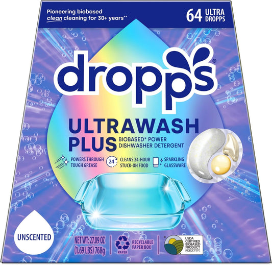 Dropps UltraWash Plus Dishwasher Detergent, Unscented (64 Pods) - Triple Action Biobased Power Deep Clean Dishwasher Detergent Tablets for Tough Stains - Dishwashing Pods for Shiny Dishes