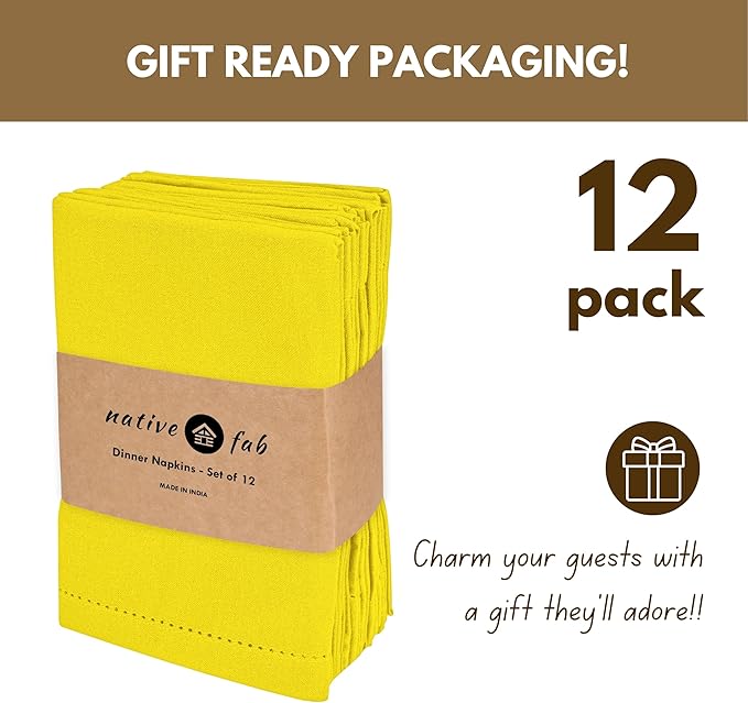 Native Fab Yellow Cloth Napkins, 100% Cotton, Set of 12, Hemstitch Corners, 18x18 inch, Soft, Durable, Reusable, Premium Hotel Quality - Events, Wedding, Table, Dinner Napkins - Lemon Yellow